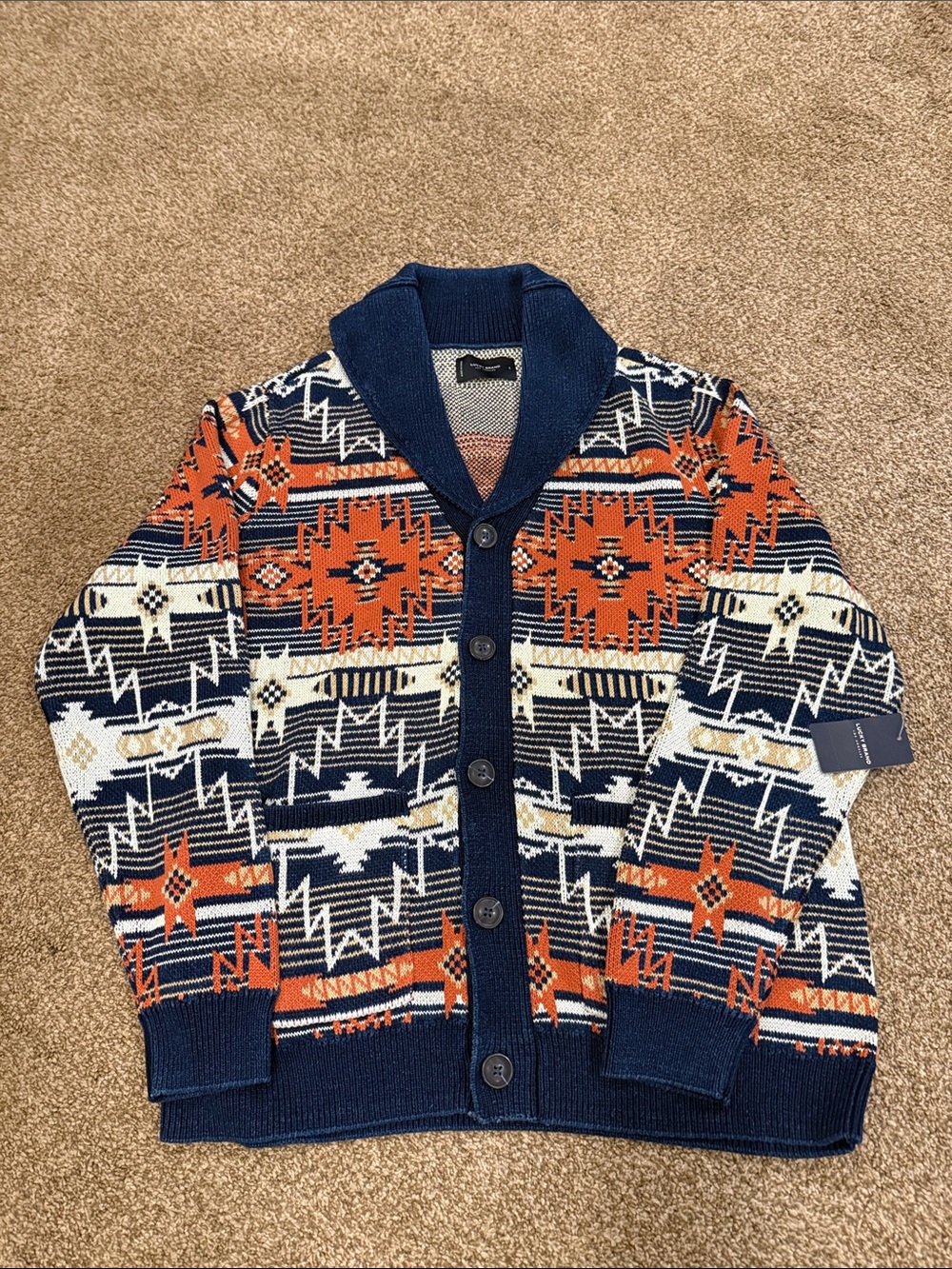 Lucky Brand Navy & Orange Aztec Shawl Collar Cardigan